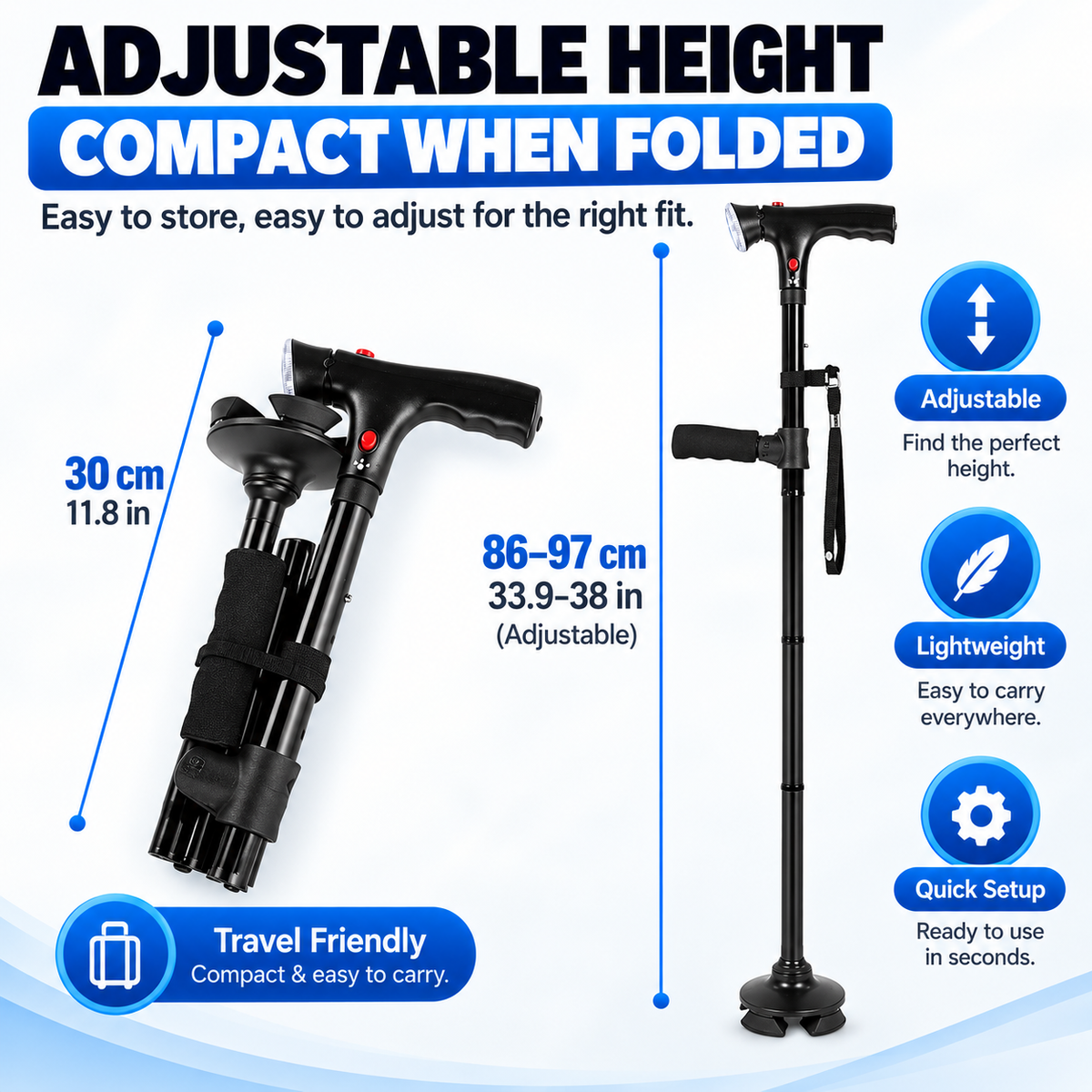 🦯LIMITED-TIME 50% OFF! 💡 SteadyGo™ Multifunction Folding Walking Cane – Built-In Light, Emergency Alarm, Quad Base & 5-Level Height Adjustment✨