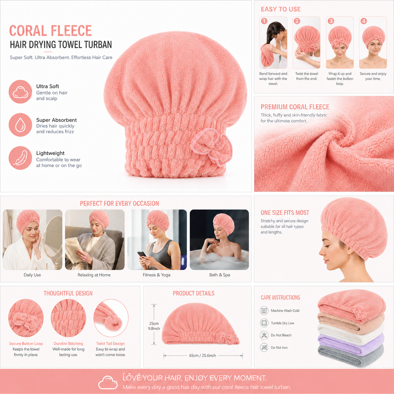 🎀 Coral Velvet Cute Bow Bath Cap – Buy 1 Get 1 FREE