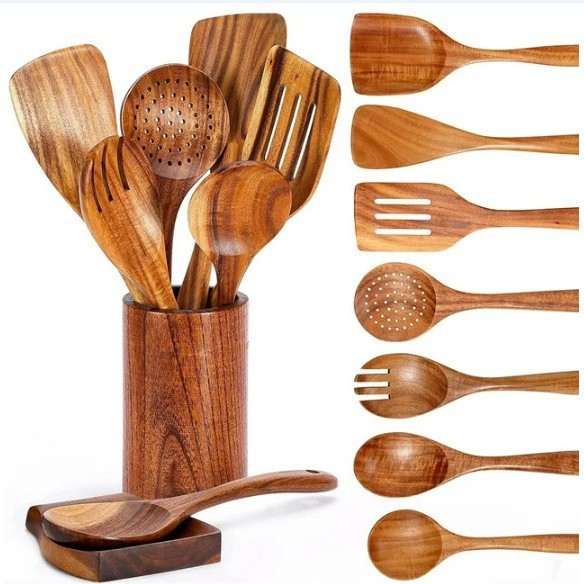🌿 100% Pure Teak Wooden Kitchen Utensils – No Harsh Chemicals, Gentle on All Cookware🍴