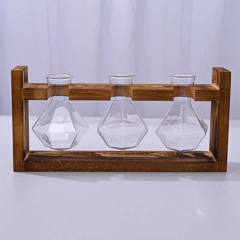 🌿 Rustic Wooden Stand Hydroponic Vases – Soil-Free Plant Growing | Farmhouse Style Décor for Home, Office & Kitchen