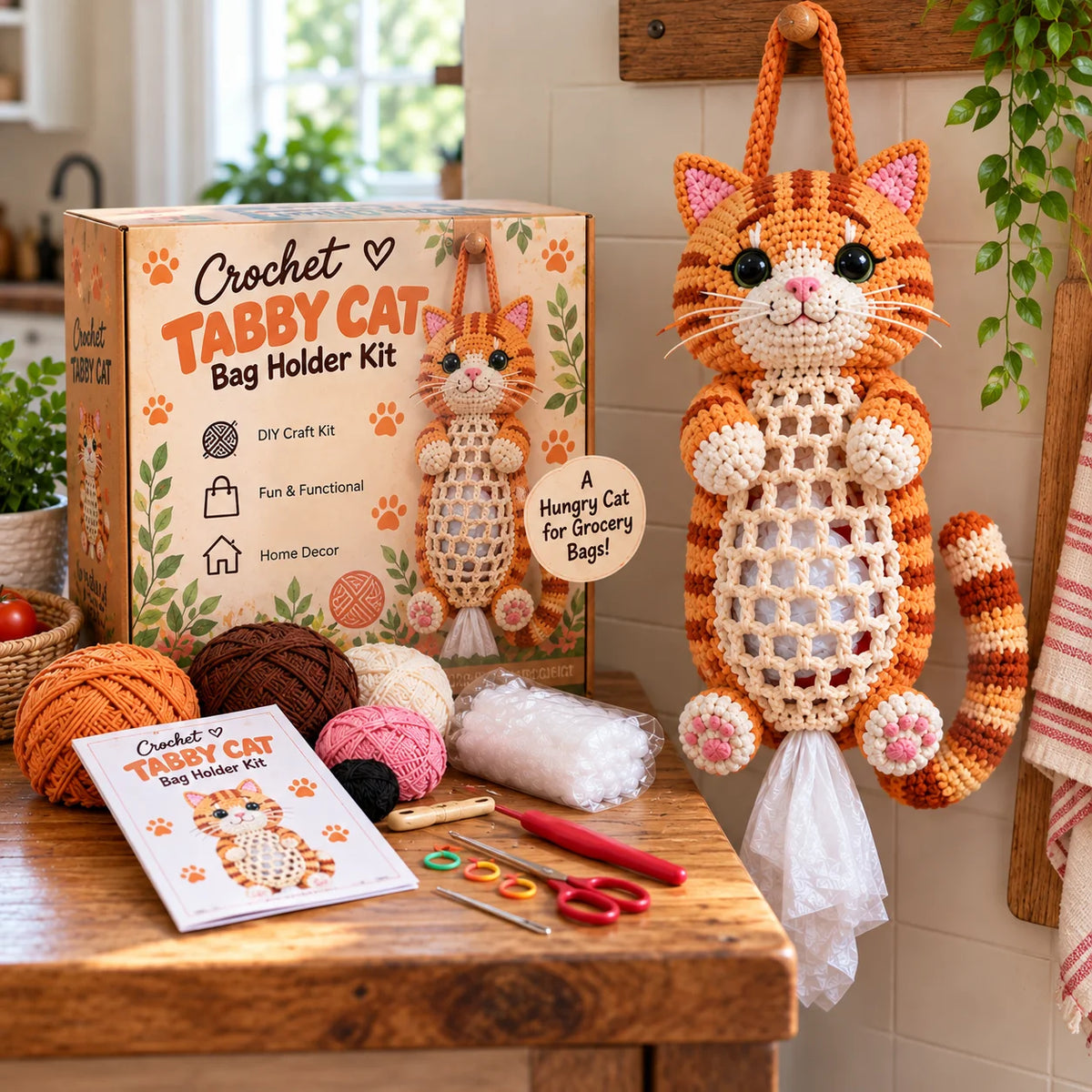 🐾 Crochet Animal Bag Holder DIY Kit – Shark, Dachshund, Tabby Cat & Axolotl | Cute & Functional Kitchen Storage