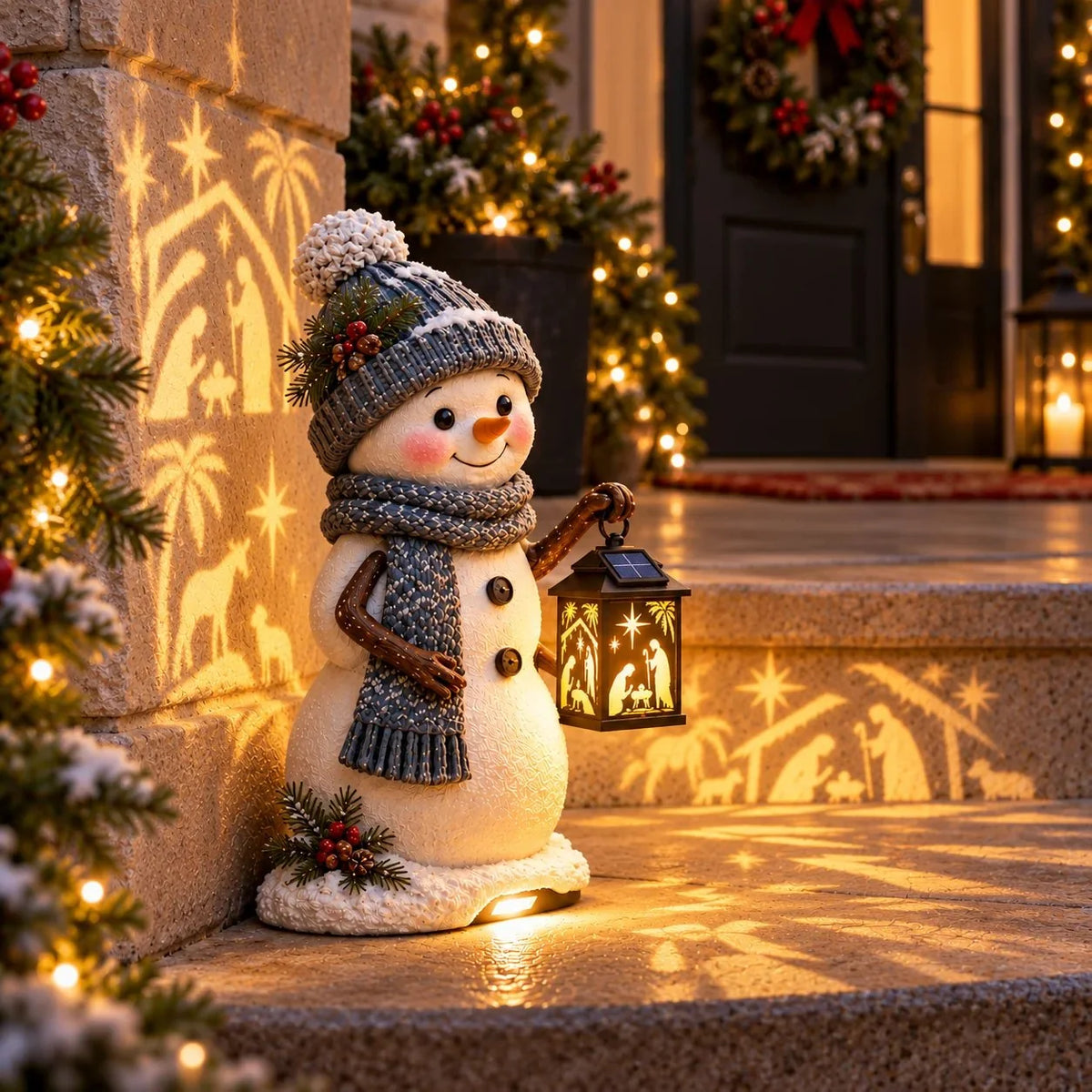 ⛄️🎄snowman Nativity Glow– Solarbetriebene Weihnachts-stufenleuchte Mit Projektion Der Heiligen Familie🌙