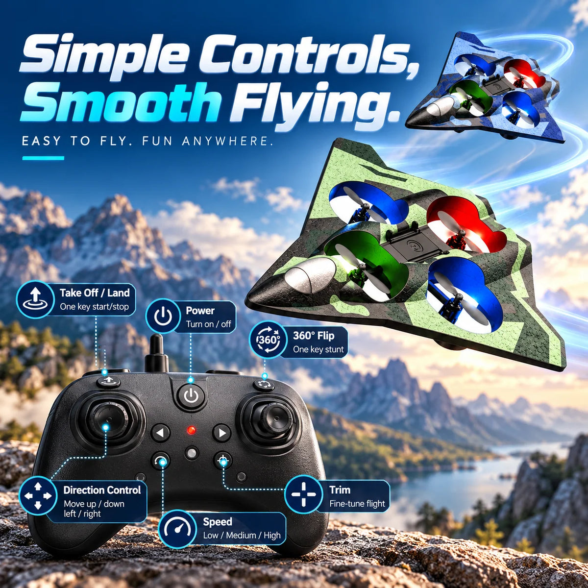 🚀 Stealth RC Hover Jet – 360° Stunts & Stable Flight