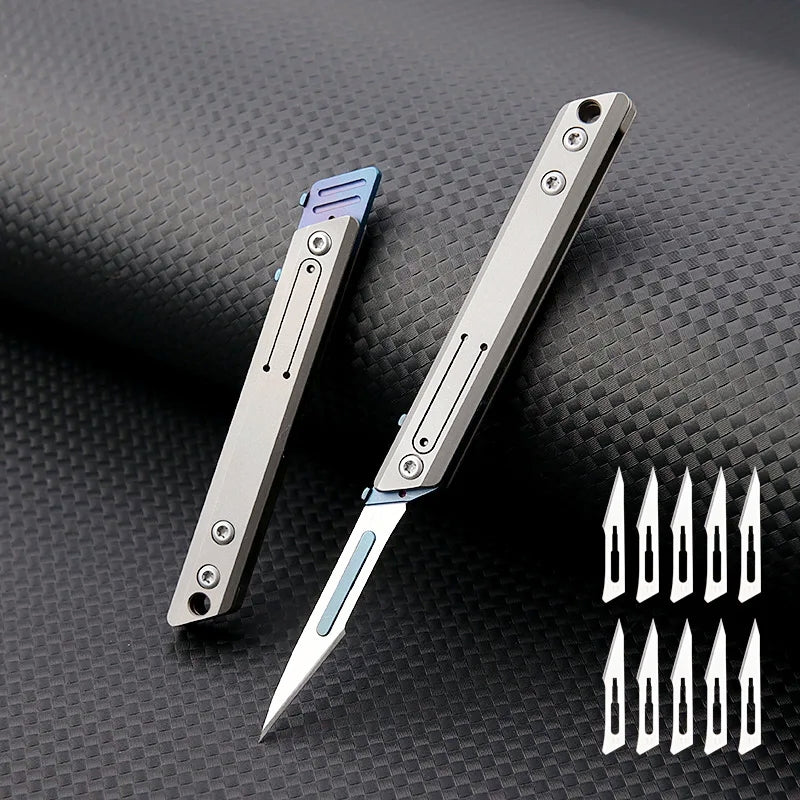 🔪 Titanium Mini Utility Knife – 10 Replaceable Blades