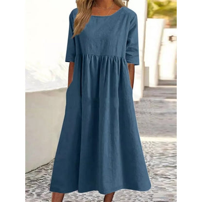 Summer New Cotton and Linen Casual Short Sleeve Pocket Fold Loose Round Neck Women's Dress