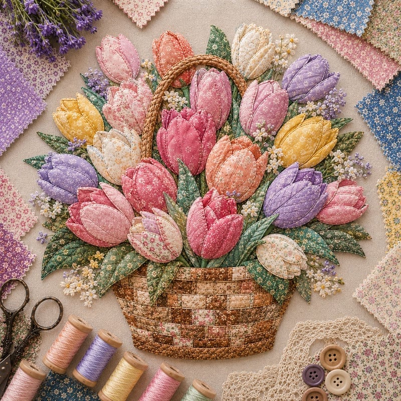 🔥HOT SALE🔥🌸🧵 Premium Floral Basket Patchwork DIY Kit | High-Quality Layered Fabric Bouquet with Raised Petals & Woven Basket Details ✨