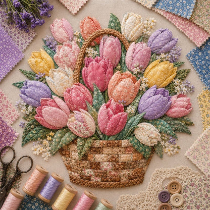 🔥HOT SALE🔥🌸🧵 Premium Floral Basket Patchwork DIY Kit | High-Quality Layered Fabric Bouquet with Raised Petals & Woven Basket Details ✨