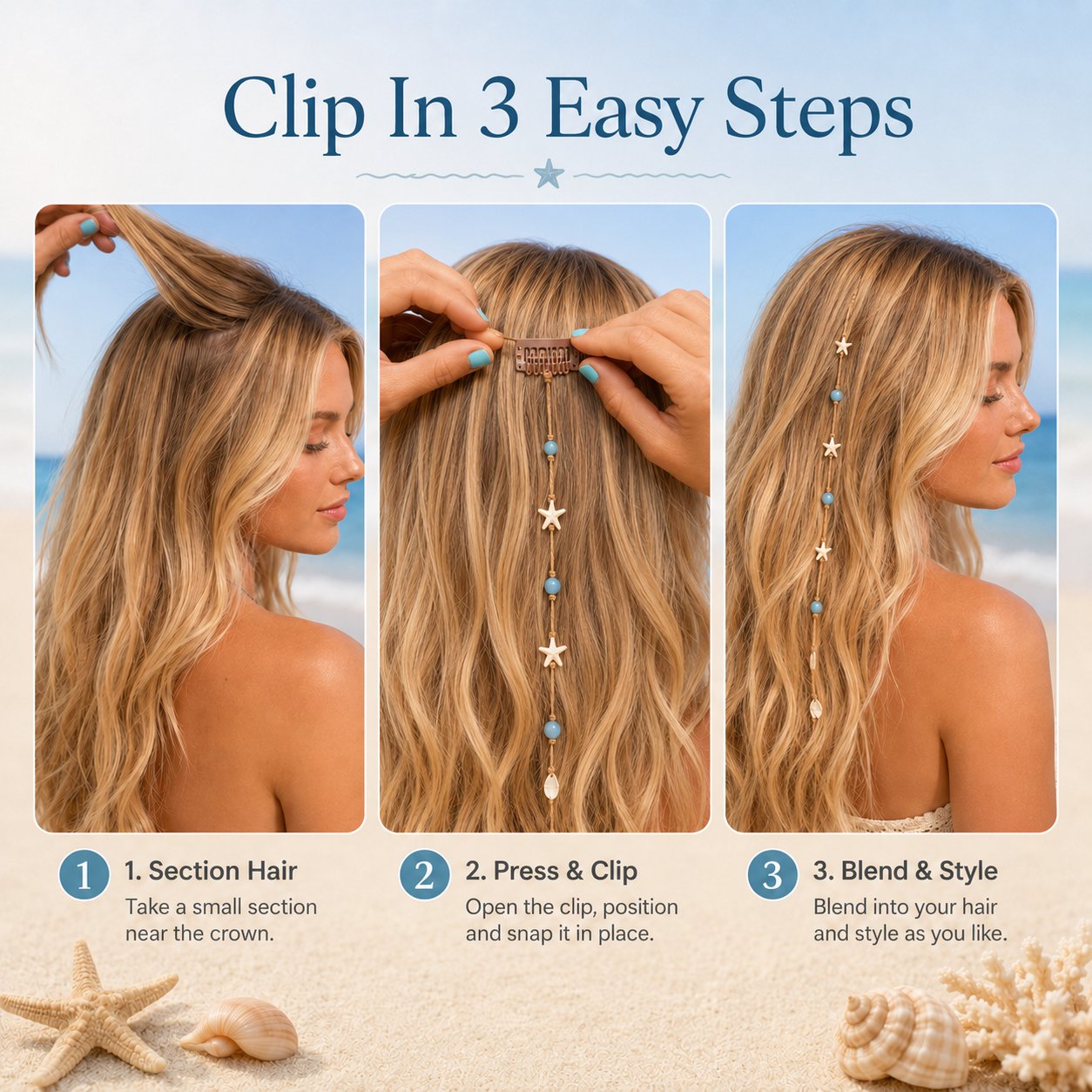 🌊⭐Beachy Mermaid Hair Accent Clip (Featuring blue bead accents, starfish, and shell charms)