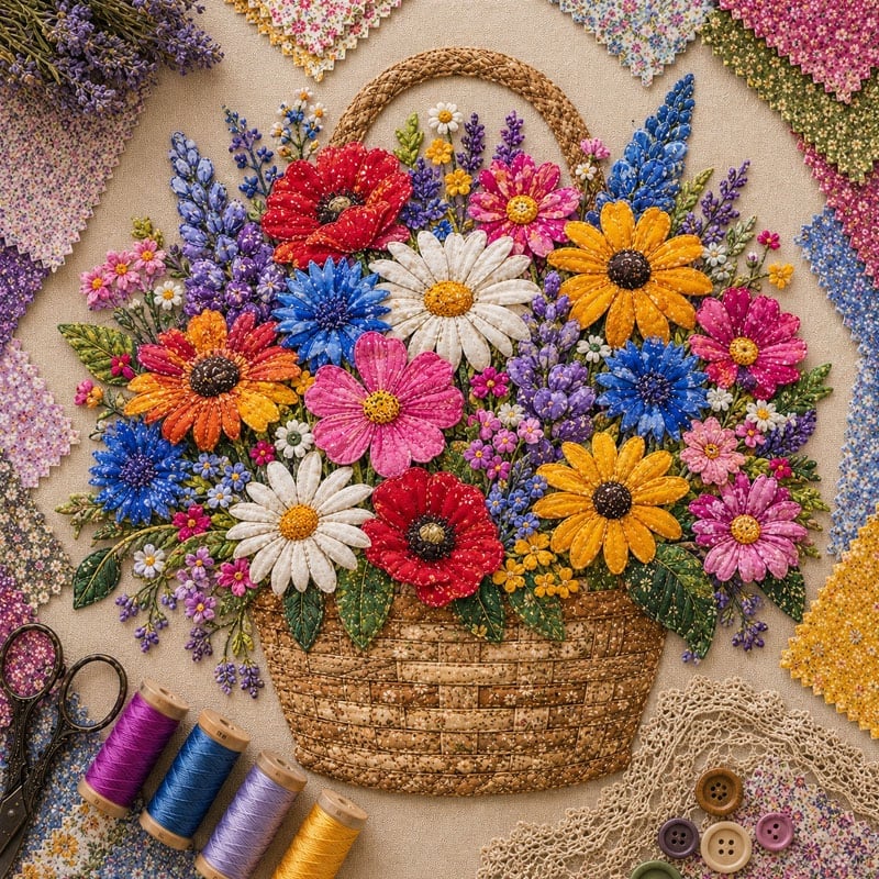 🔥HOT SALE🔥🌸🧵 Premium Floral Basket Patchwork DIY Kit | High-Quality Layered Fabric Bouquet with Raised Petals & Woven Basket Details ✨