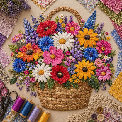 🔥HOT SALE🔥🌸🧵 Premium Floral Basket Patchwork DIY Kit | High-Quality Layered Fabric Bouquet with Raised Petals & Woven Basket Details ✨