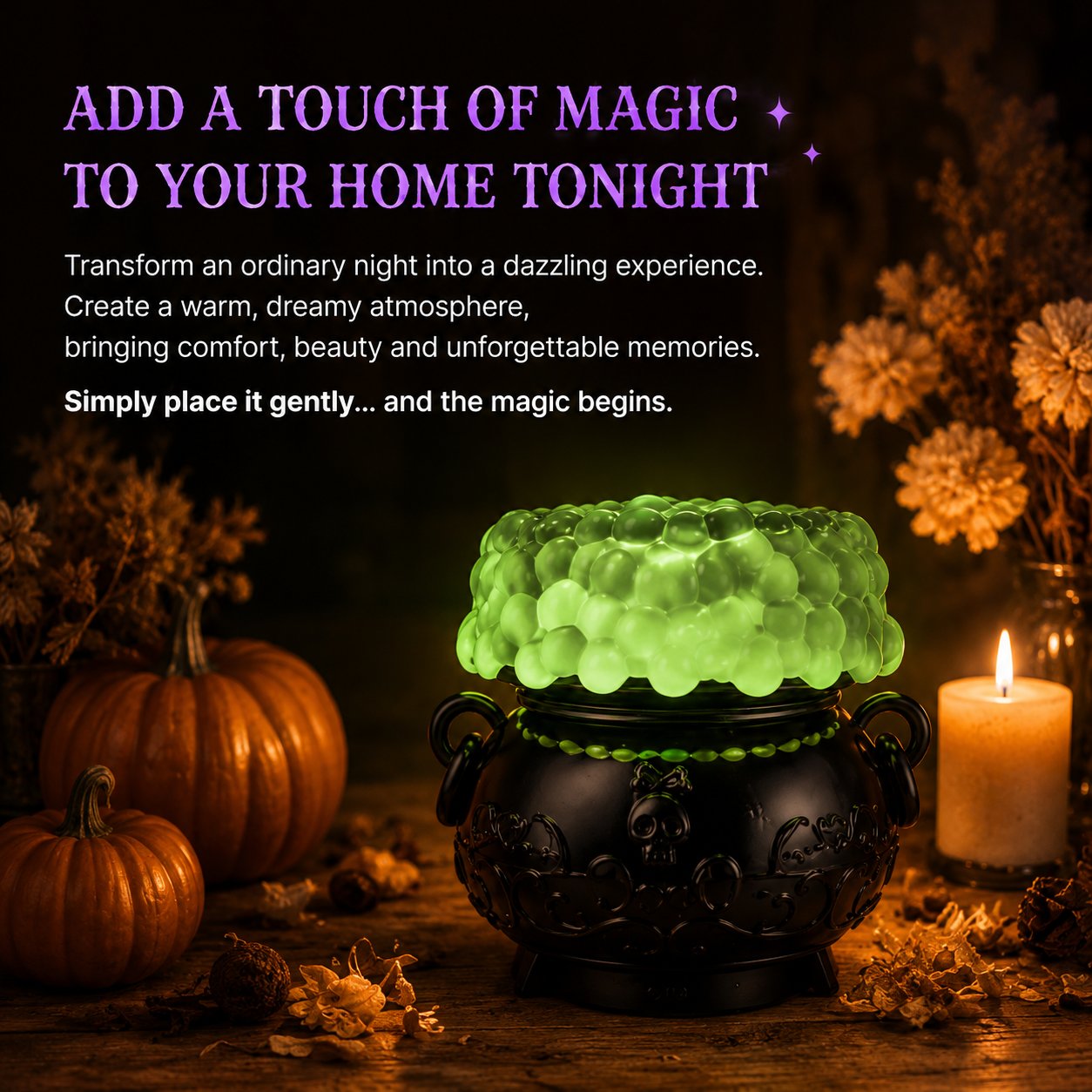 🔥Last Day 49% OFF - 👻✨Light-up Color-changing Cauldron Waterglobe 3-Wick Candle Holder