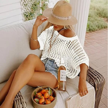 🔥 BIG SALE 🔥Short Sleeve Crochet Sweater Lightweight Summer Tops Loose Hollow Out Crewneck Pullover