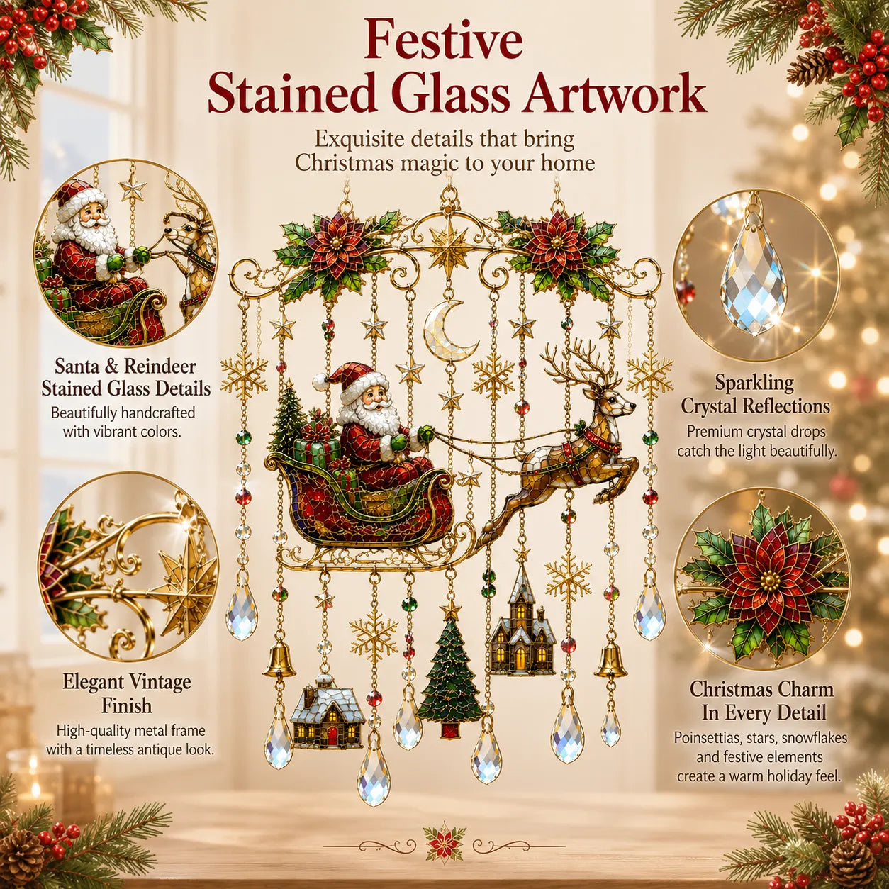 49% OFF – 🎄Handmade Christmas Stained Glass Window Hanging | Tempered Stained Glass, K9 Crystal Drops & Ready-to-Hang Holiday Decor ✨