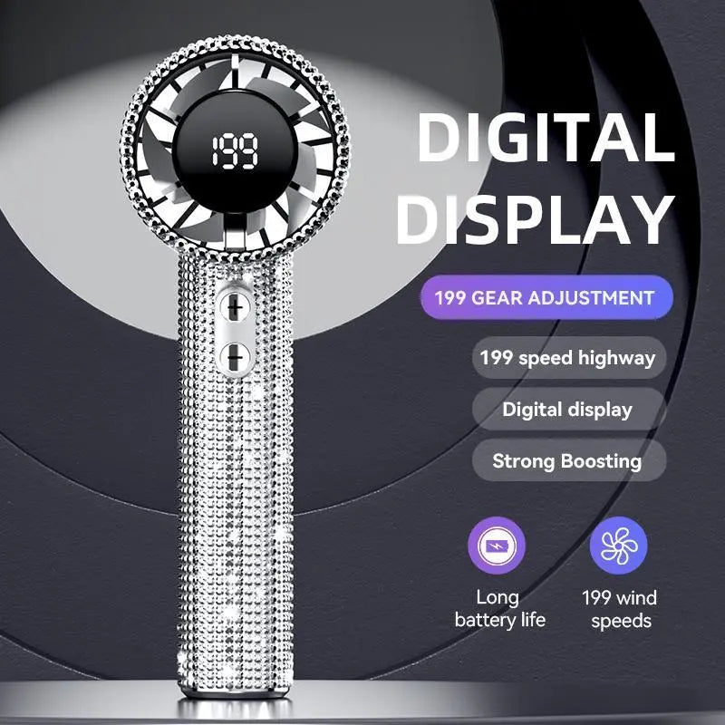 💎Luxury Diamond Bling Handheld Fan🌬️3 Speed Turbo Rechargeable Mini Fan With Digital Display