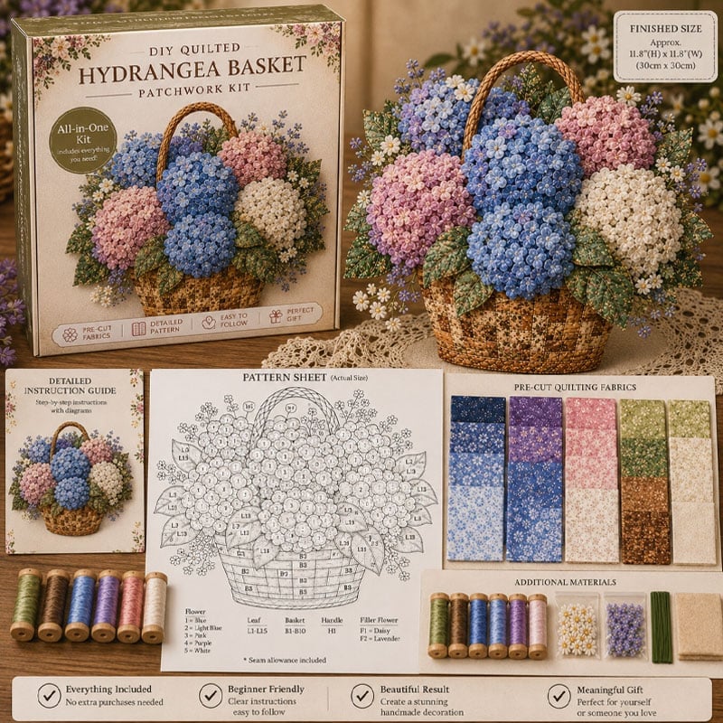 🔥HOT SALE🔥🌸🧵 Premium Floral Basket Patchwork DIY Kit | High-Quality Layered Fabric Bouquet with Raised Petals & Woven Basket Details ✨