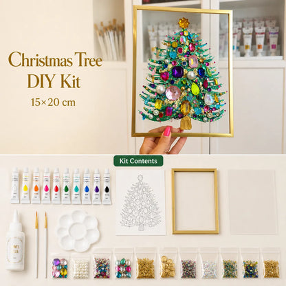 🔥 LAST DAY 49% OFF – 🎄 DIY Jeweled Christmas Tree Art Kit | Colorful Gems, Pearls, Paints & Gold-Tone Floating Display Frame 💎✨