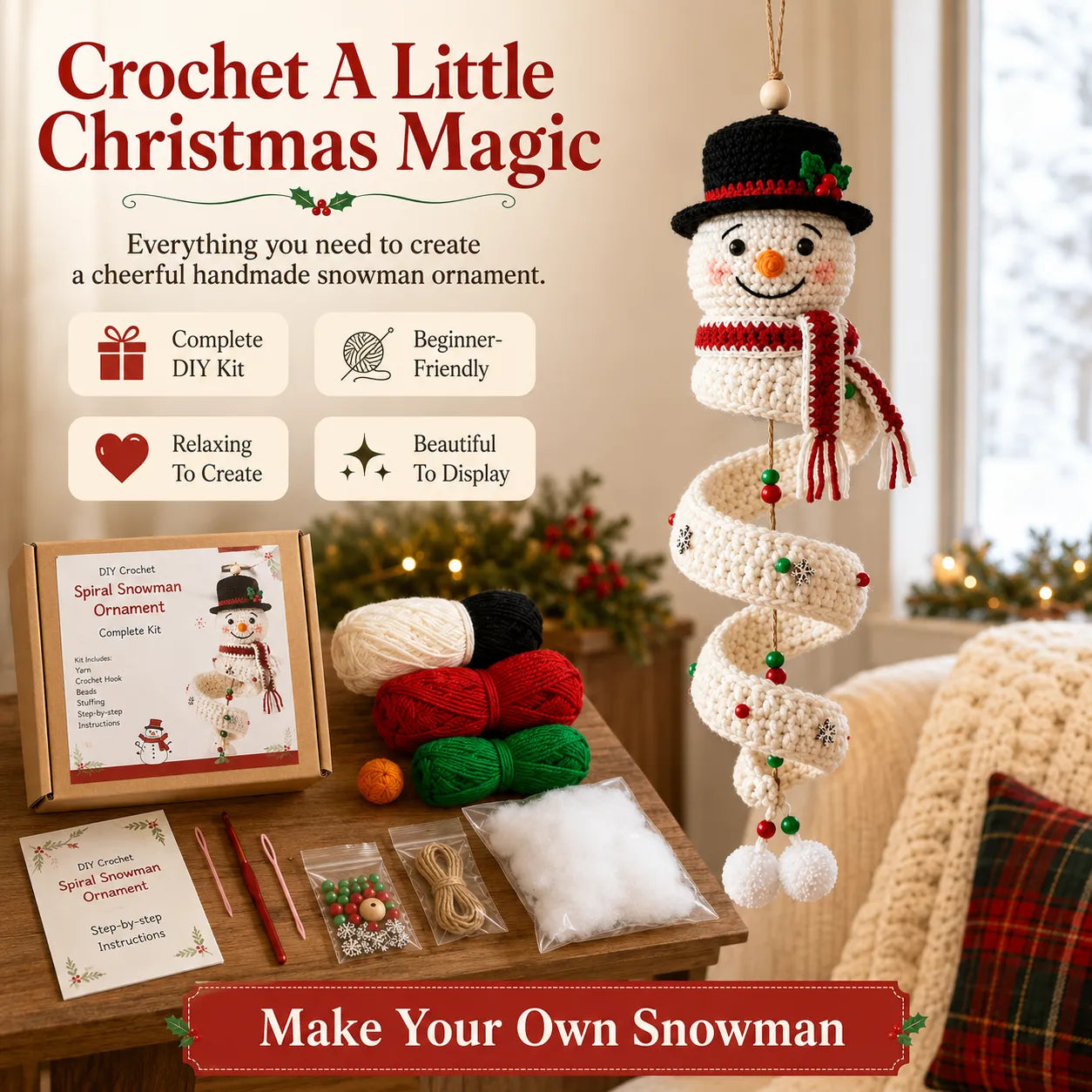 ☃️Crochet Snowman Spiral Ornament DIY Kit | Complete Beginner-Friendly Set with Soft Yarn, Crochet Hook, Festive Beads, Snowflakes & Step-by-Step Guide 🧶🎄✨
