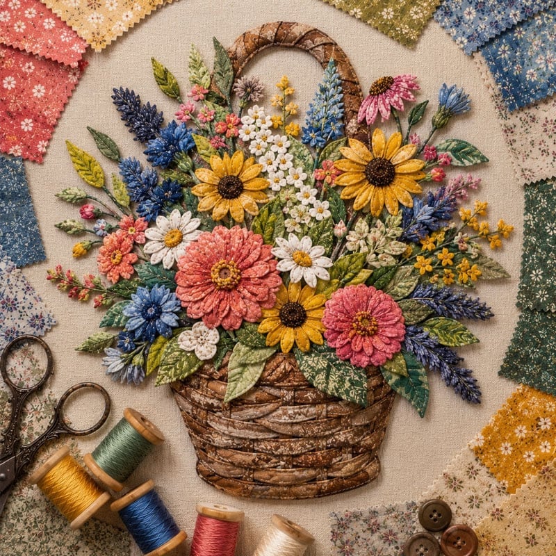 🔥HOT SALE🔥🌸🧵 Premium Floral Basket Patchwork DIY Kit | High-Quality Layered Fabric Bouquet with Raised Petals & Woven Basket Details ✨