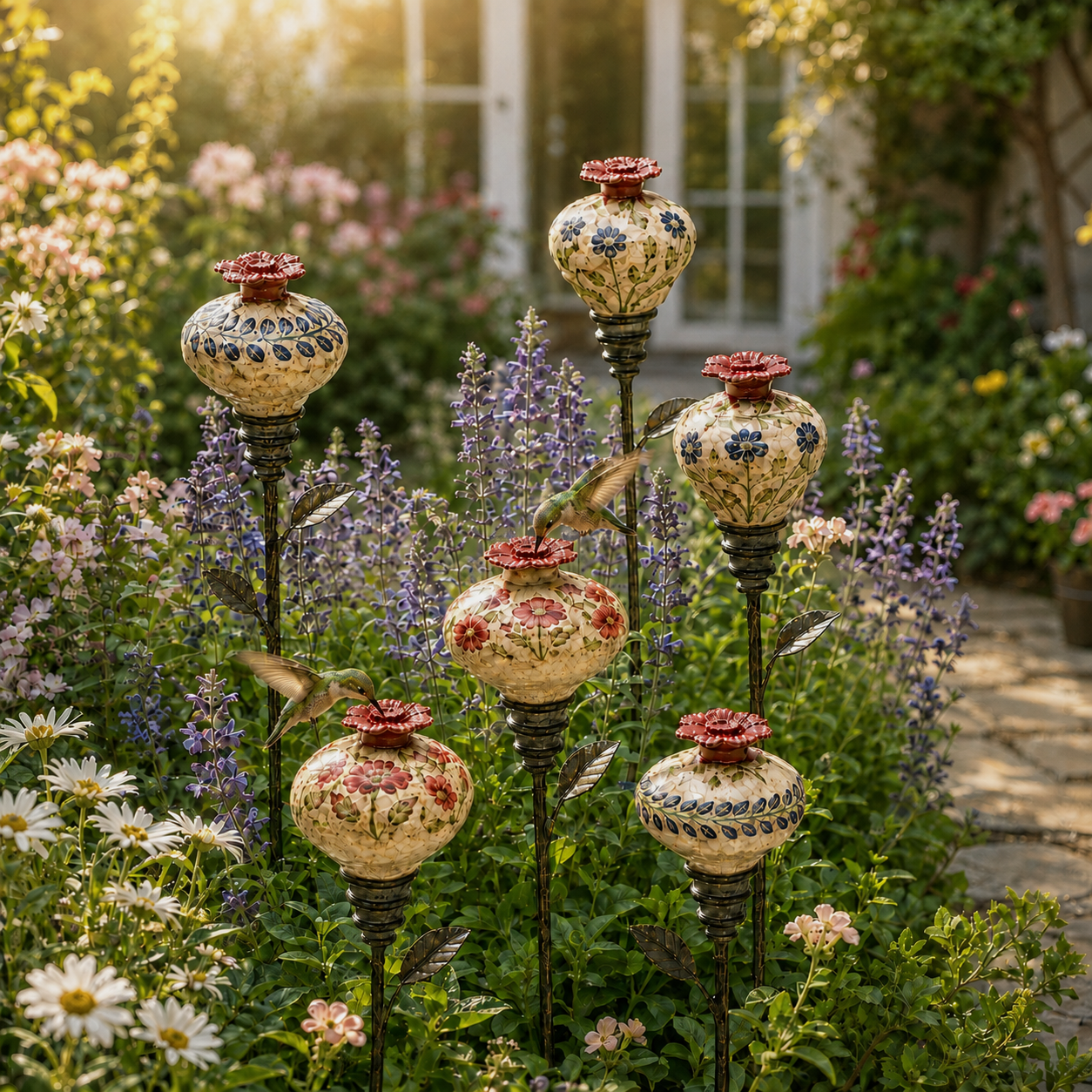 Retro hummingbird feeder garden pole