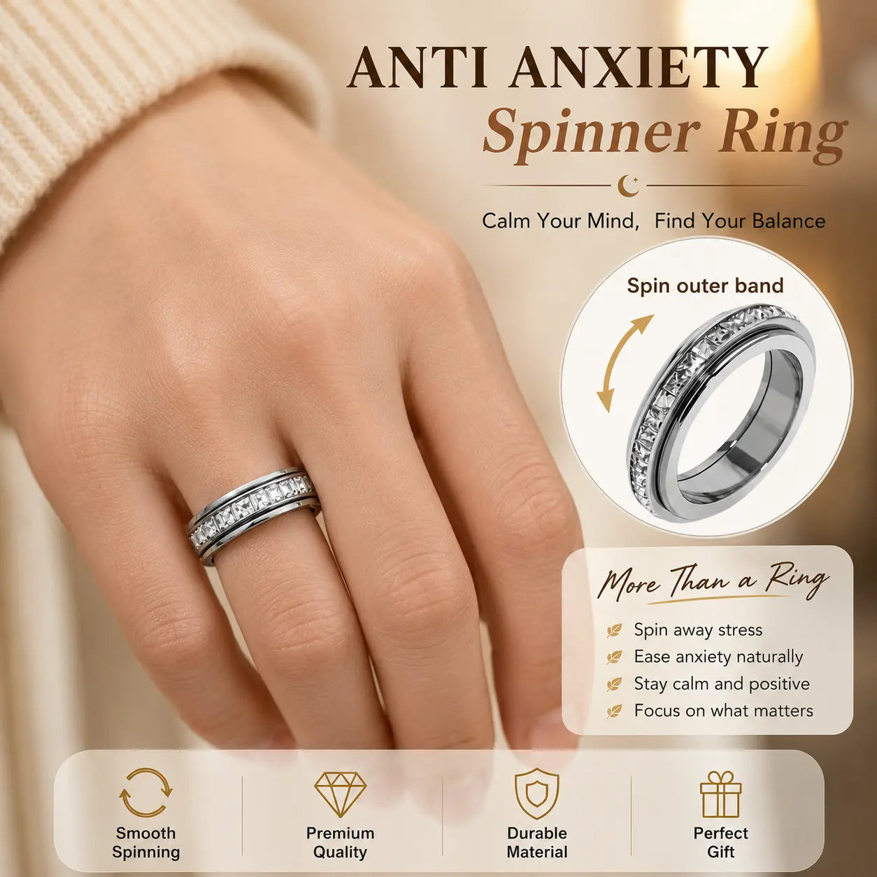 Anxiety Rings for Women and Men Titanium Steel