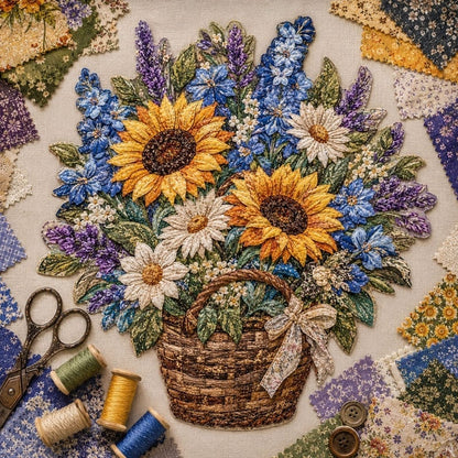 🔥HOT SALE🔥🌸🧵 Premium Floral Basket Patchwork DIY Kit | High-Quality Layered Fabric Bouquet with Raised Petals & Woven Basket Details ✨