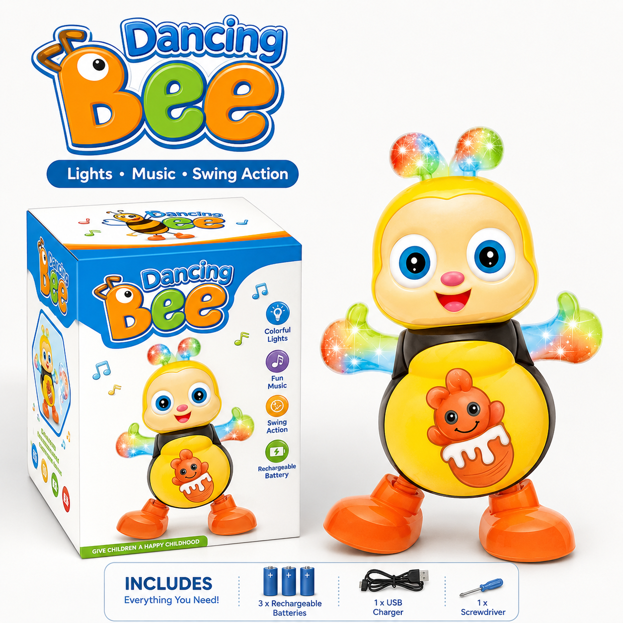 🐝 Musical Dancing Bee Toy with Lights, Music & Rolling Eyes 🎶