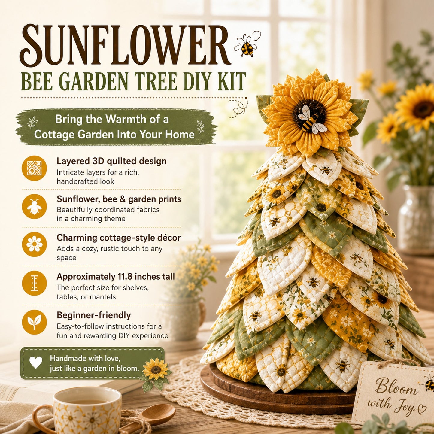 🔥LAST DAY 50% OFF -🌻Sunflower Bee Garden Tree DIY Kit-Handmade Fabric Tabletop Tree Decor