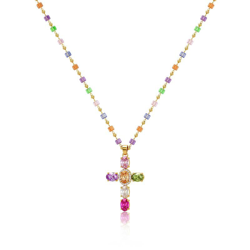 Multicolor Cubic Zirconia Cross Pendant Necklace
