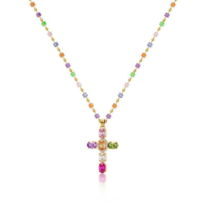 Multicolor Cubic Zirconia Cross Pendant Necklace