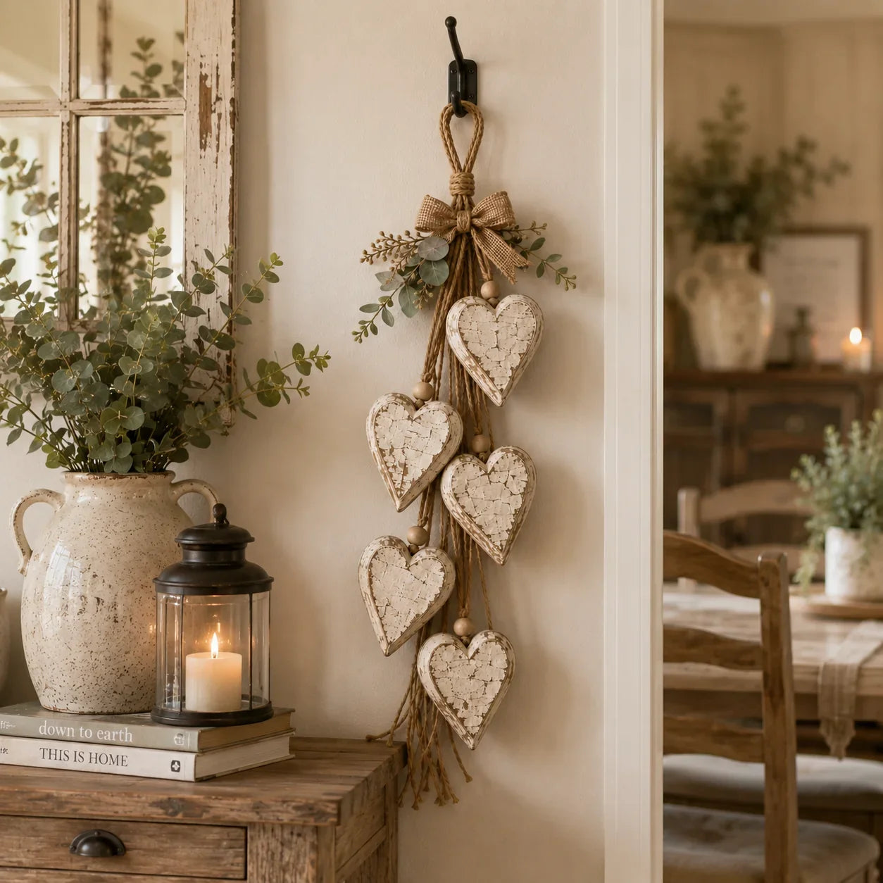 Rustic Hanging Heart Wall Decor with Optional Warm Lights