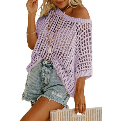 🔥 BIG SALE 🔥Short Sleeve Crochet Sweater Lightweight Summer Tops Loose Hollow Out Crewneck Pullover
