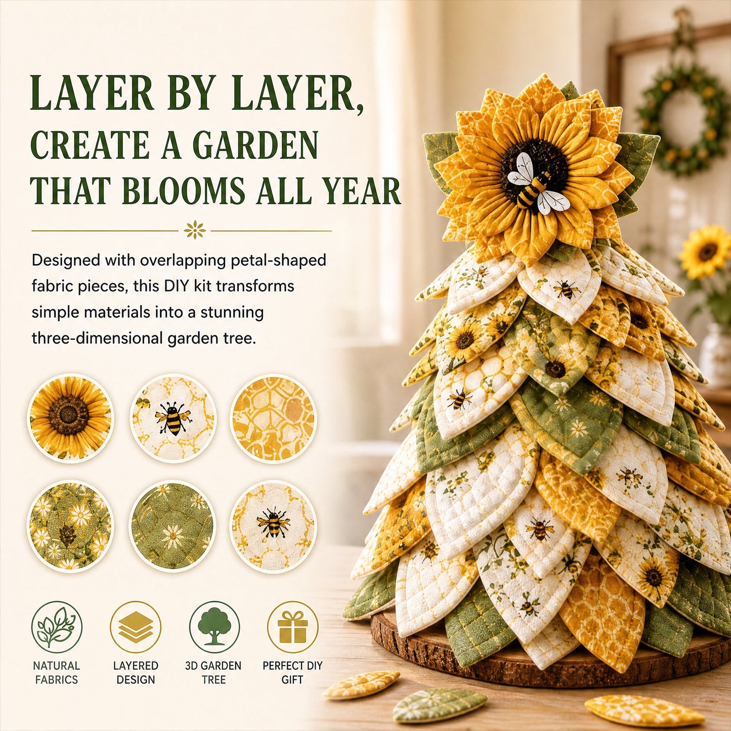 🔥LAST DAY 50% OFF -🌻Sunflower Bee Garden Tree DIY Kit-Handmade Fabric Tabletop Tree Decor