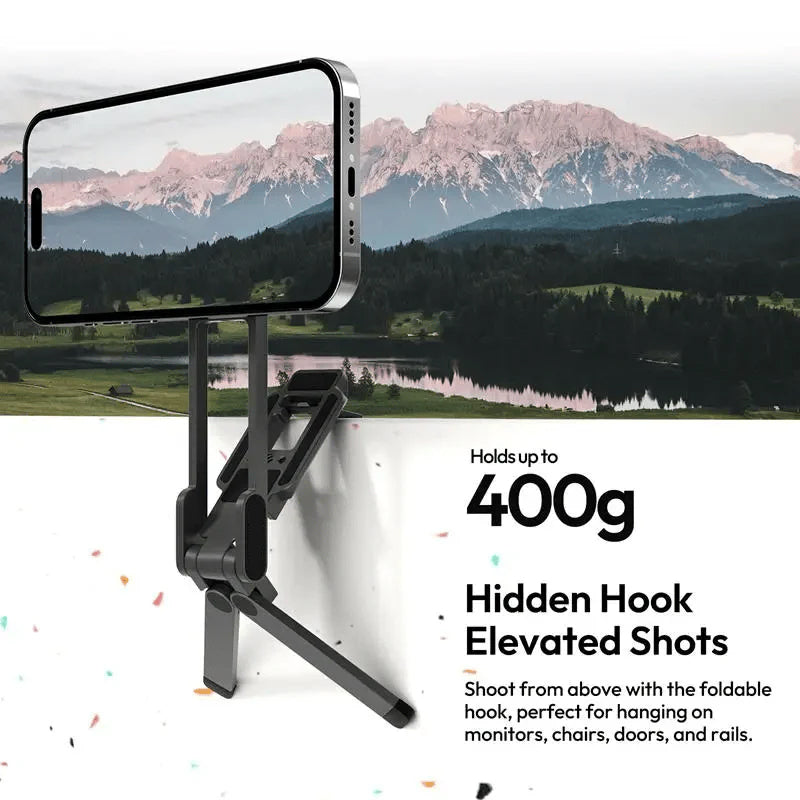 Magnetic Phone Tripod for iPhone, MA38 Portable Phone Holder Mini Tripod for Magsafe with Double-Sided Strong Magnetic 1/4'' Arri Locating Hole Foldable Hook