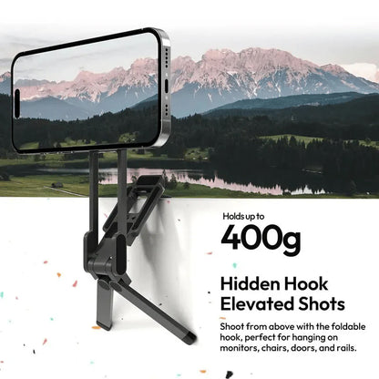 Magnetic Phone Tripod for iPhone, MA38 Portable Phone Holder Mini Tripod for Magsafe with Double-Sided Strong Magnetic 1/4'' Arri Locating Hole Foldable Hook