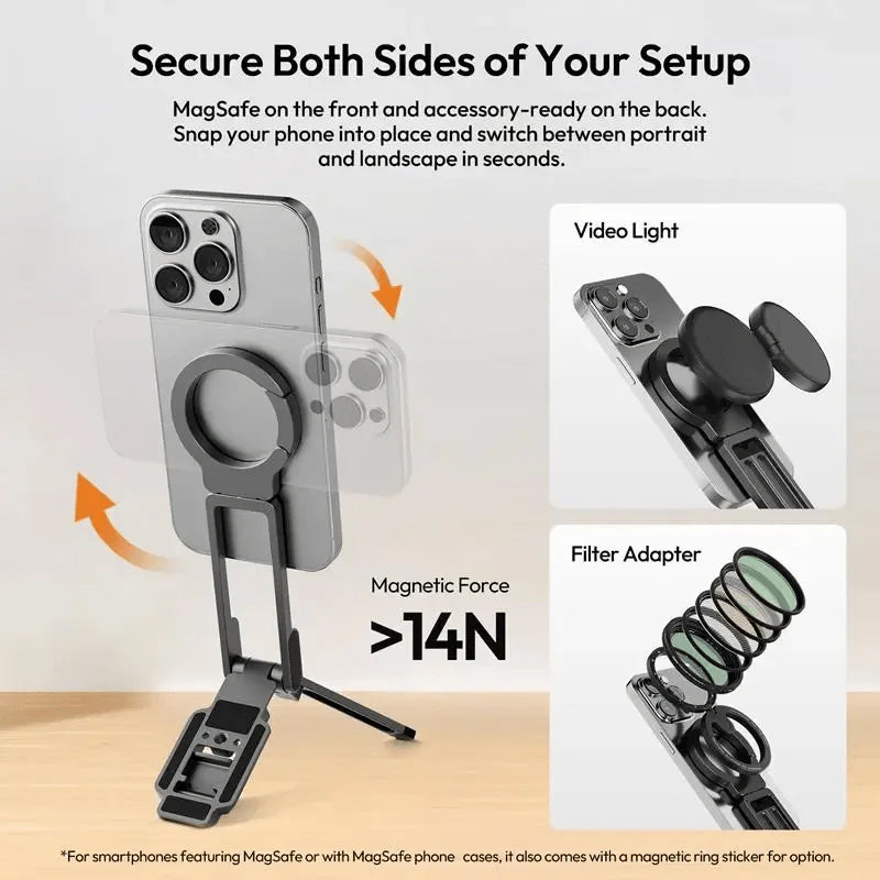 Magnetic Phone Tripod for iPhone, MA38 Portable Phone Holder Mini Tripod for Magsafe with Double-Sided Strong Magnetic 1/4'' Arri Locating Hole Foldable Hook