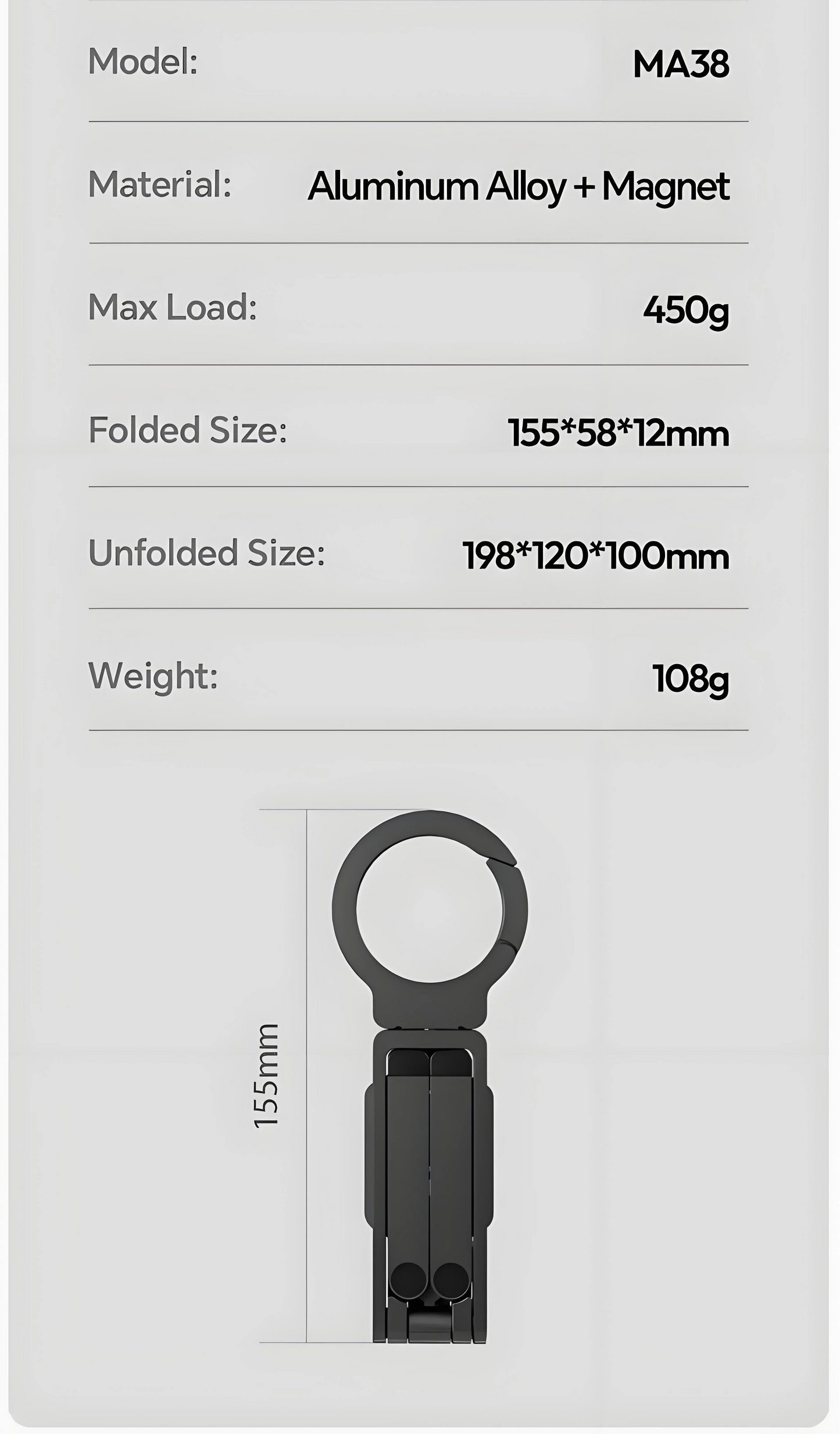 Magnetic Phone Tripod for iPhone, MA38 Portable Phone Holder Mini Tripod for Magsafe with Double-Sided Strong Magnetic 1/4'' Arri Locating Hole Foldable Hook