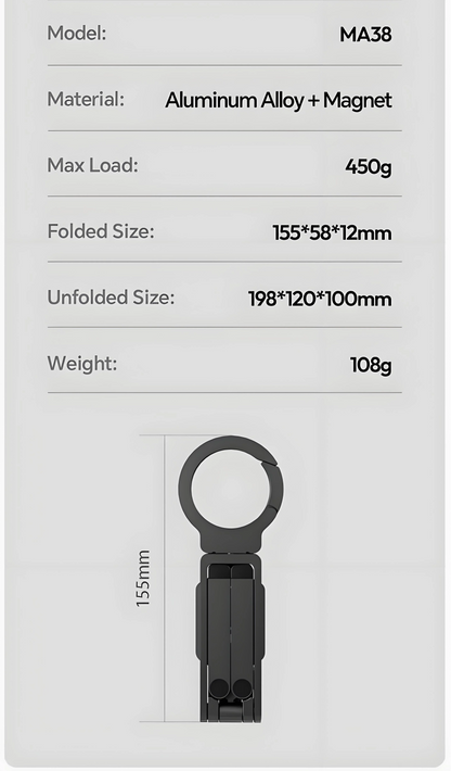 Magnetic Phone Tripod for iPhone, MA38 Portable Phone Holder Mini Tripod for Magsafe with Double-Sided Strong Magnetic 1/4'' Arri Locating Hole Foldable Hook