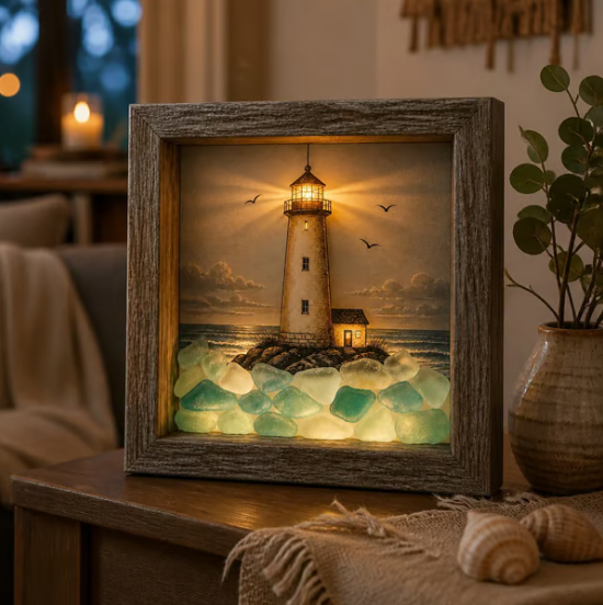 Coastal Lighthouse Sea Glass Shadow Box Night Light