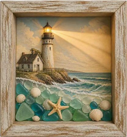 Coastal Lighthouse Sea Glass Shadow Box Night Light