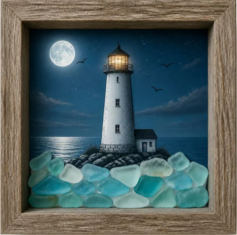 Coastal Lighthouse Sea Glass Shadow Box Night Light