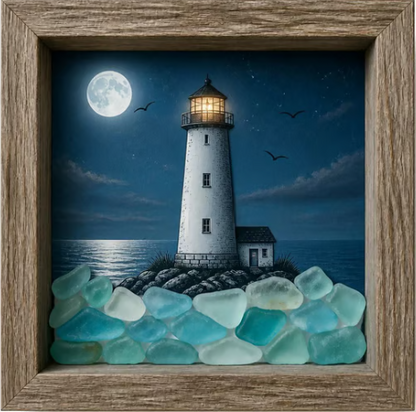 Coastal Lighthouse Sea Glass Shadow Box Night Light