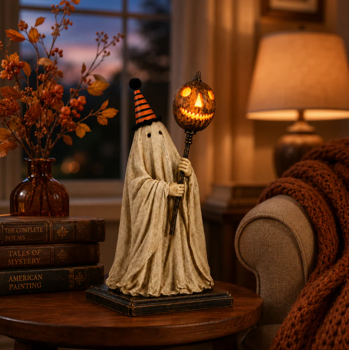 ✨lighted vintage ghost figurine with glowing pumpkin staff✨