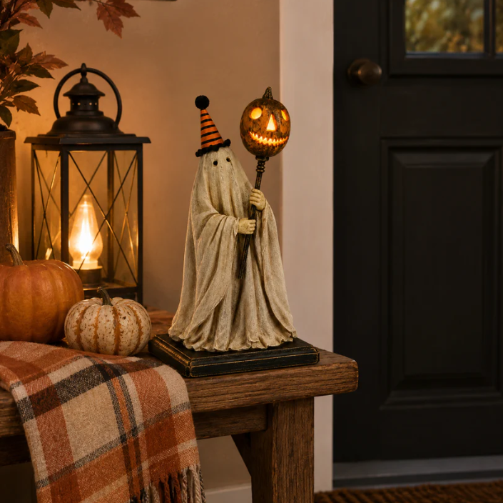 ✨lighted vintage ghost figurine with glowing pumpkin staff✨