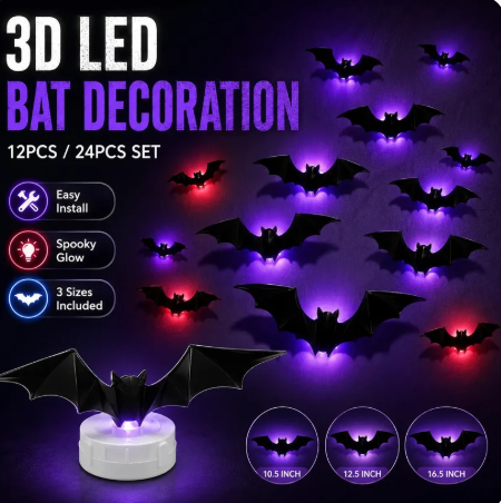 3D LED Bat Light Halloween Wall Decor – Glowing Spooky Party Ornaments (24-Piece Set)