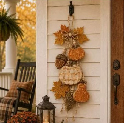 🎃Rustic Wooden Pumpkin Door Hanging with Warm LED Lights✨