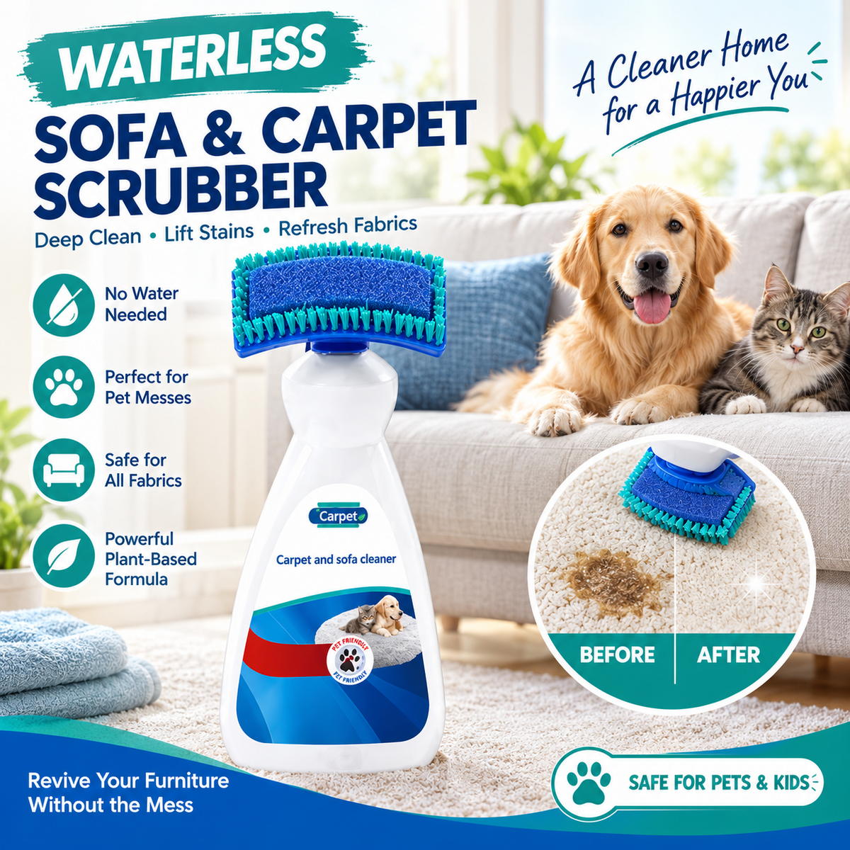 No-Wash Carpet & Sofa Cleaner with Brush