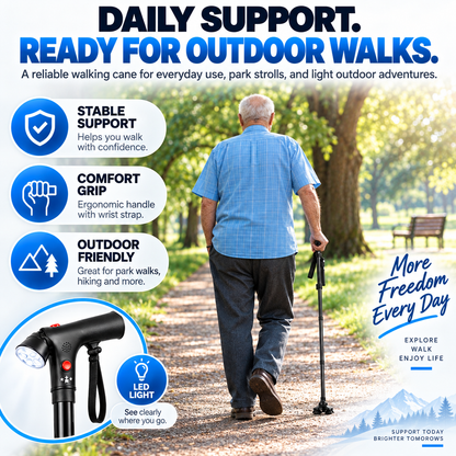 🦯LIMITED-TIME 50% OFF! 💡 SteadyGo™ Multifunction Folding Walking Cane – Built-In Light, Emergency Alarm, Quad Base & 5-Level Height Adjustment✨