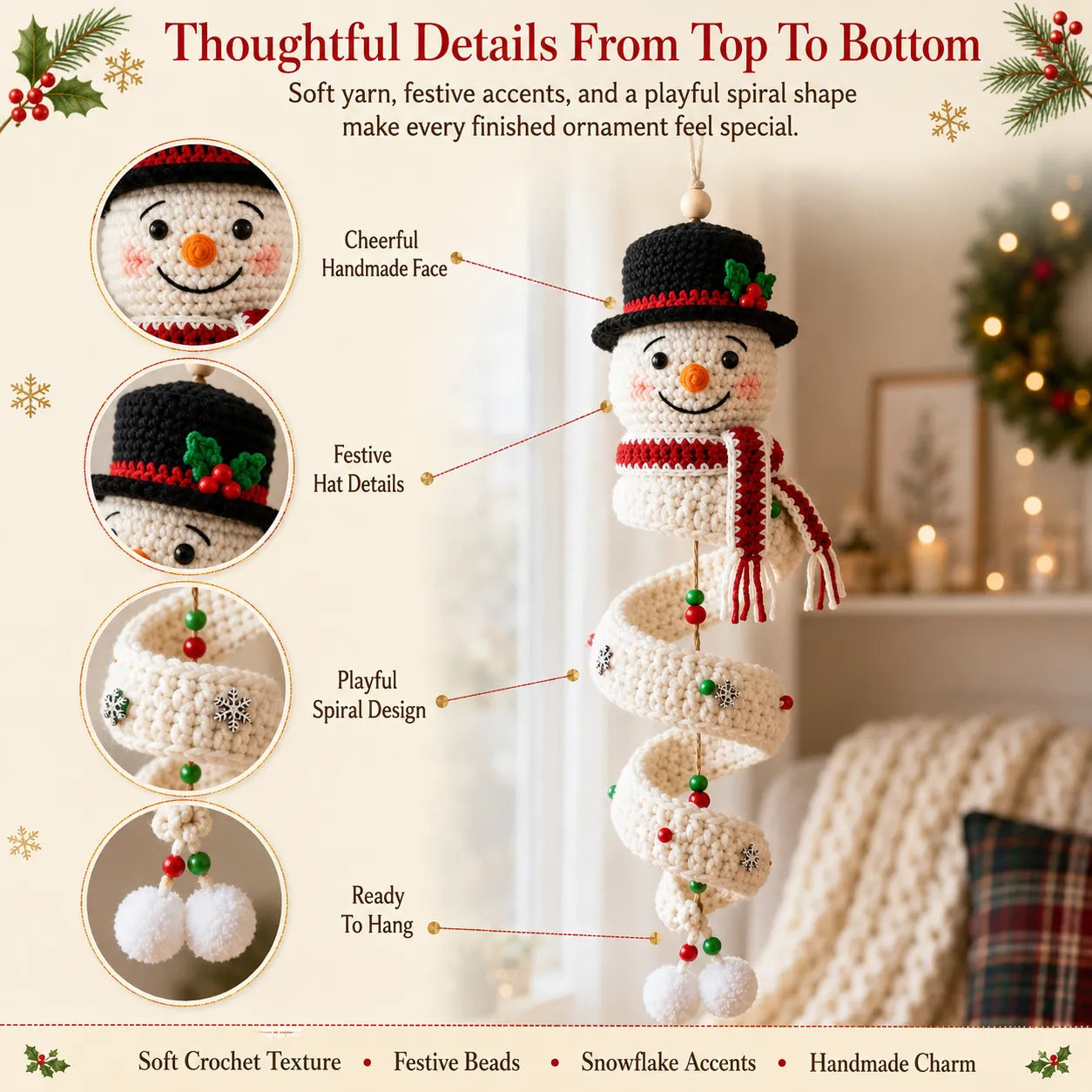 ☃️Crochet Snowman Spiral Ornament DIY Kit | Complete Beginner-Friendly Set with Soft Yarn, Crochet Hook, Festive Beads, Snowflakes & Step-by-Step Guide 🧶🎄✨