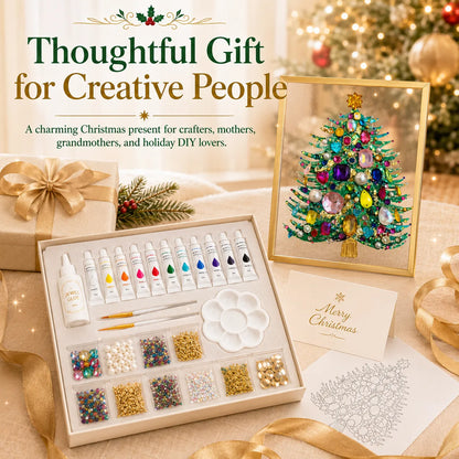 🔥 LAST DAY 49% OFF – 🎄 DIY Jeweled Christmas Tree Art Kit | Colorful Gems, Pearls, Paints & Gold-Tone Floating Display Frame 💎✨