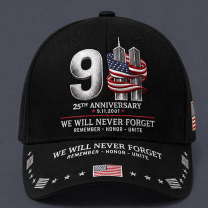 9/11 25th Anniversary We Will Never Forget Memorial Baseball Cap – Unisex Patriotic Memorial Hat🧢 Polyester